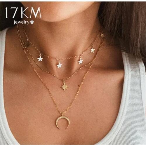 17KM Trendy Geometric Moon Star Sun Necklaces For Women Crystal Multilayer Gold Choker Pendant Necklace Fashion 2020 Jewelry