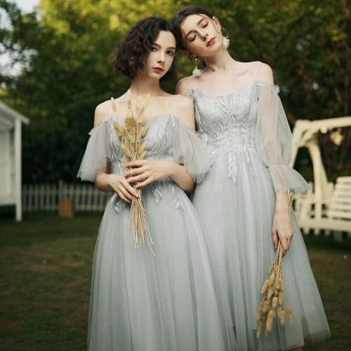 Bridesmaids Dresses Illusion Off The Shoulder Sequined Floor-Length Embroidery V-Neck A-Line Tulle Women Wedding Party Gown E164
