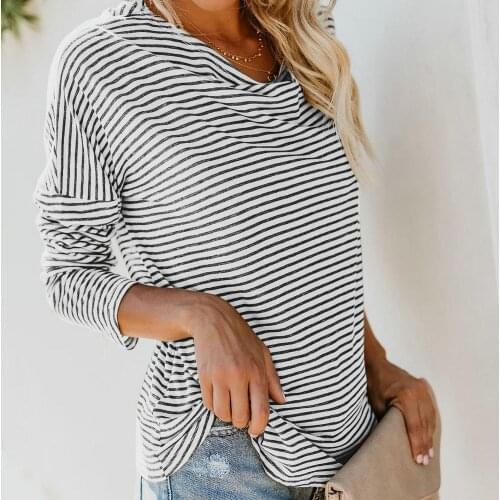 Casual Striped Tees Slash Neck Sexy Women Tshirt Top Tee Classical Loose Long Sleeve Shirts All Match Autumn Winter Outwear Tops
