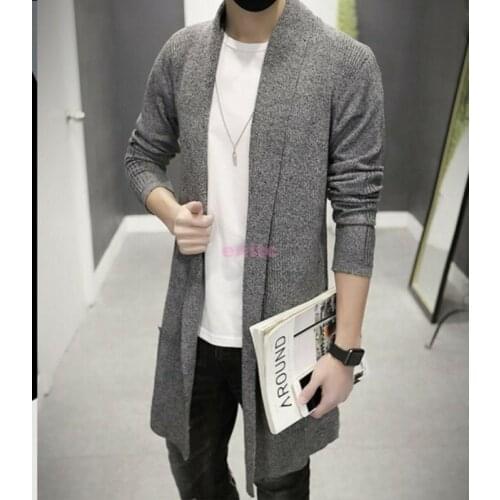 Woolen Mens Coats Knitted Sweaters Korean Long V-Collar Cardigan Slim Outwear