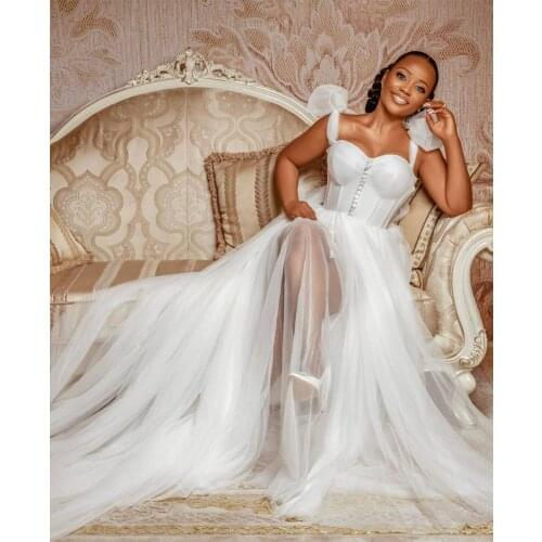 Wedding Dresses 2021 A-line Wedding Dress Africa Bridal Gowns Backless Plus Size Big Bow Straps Ivory Tulle Buttons Custom Made