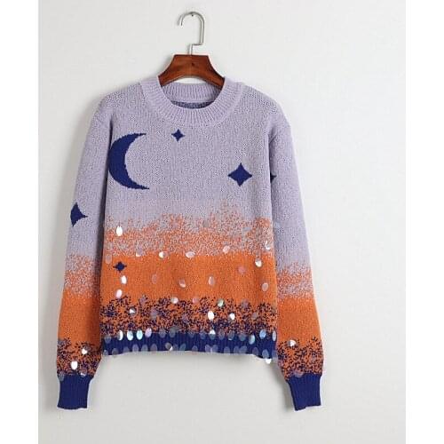 Contrast Colors Moon Knit Sweater Jersey Mujer Handmade Beaded Crew Neck Sweater Fashion Cute Jumper Loose Pullover Knitwear