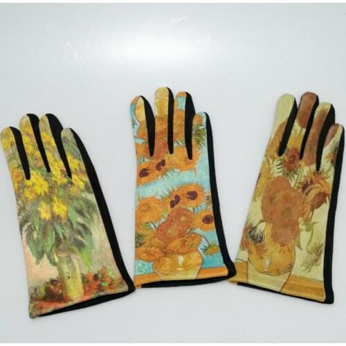 Visual Axles Digital Print Sunflowers Cycling Glove Luxury Suede Leather Mittens Womens Winter Warm Woollen Motorcyclist Gloves