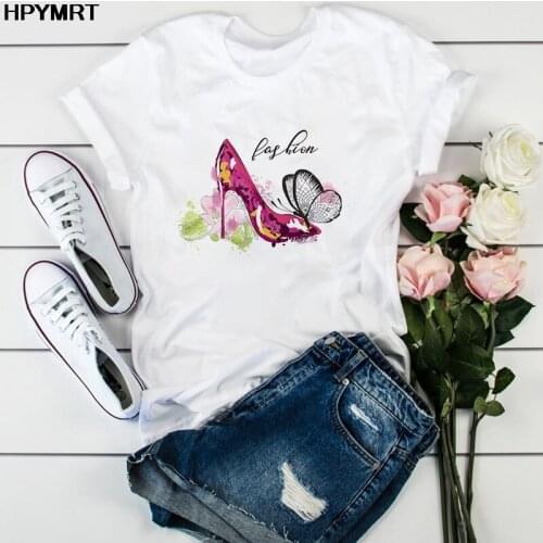 Women tshirt 2021 Beautiful high heels printed t-shirt woman O-neck new summer white t shirt lover friends gift tops tee clothes