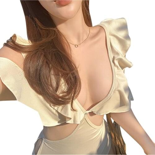 Womens Solid Color 1-piece Swimsuit Deep V-neck Hollowed Waist Ruffled Triangle Tank Swimwear for Hot Spring Swimming