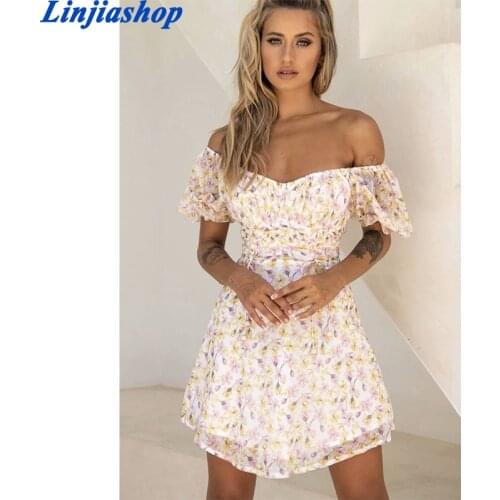 Women Off Shoulder A Line High Waist Dresses Floral Print Pleated Mini Dresses Vintage Summer Female Vestidos