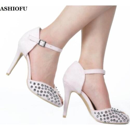 ASHIOFU New Handmade Ladies High Heel Pumps Rivets Spikes Peep-toe Party Prom Dress Shoes Buckle Strap Evening Fashion Shoes