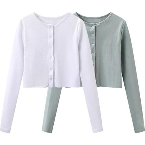 Sweet Women Soft Cotton O Neck Cardigan 2021 Spring-autumn Fashion Ladies England Style T-shirt Female Solid Color Short Top