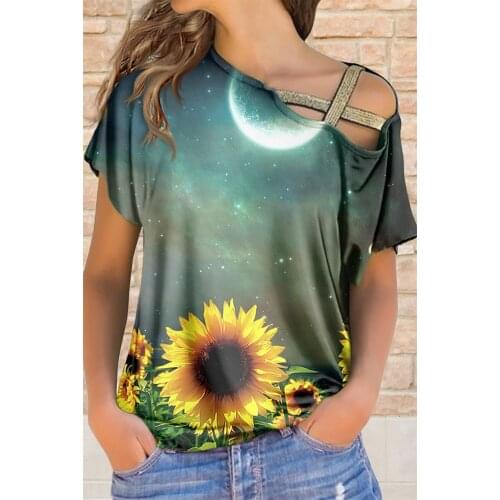 Womens Summer Dress 2021 Sunflower Moon 3D Printing Oblique Collar Shirt Cross Short Sleeve Off-the-shoulder Fashion Casual Top