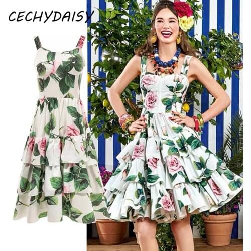 Runway Fashion 2021 Summer Womens Dress Spaghetti strap Backless Floral Printed Vintage Ruffles Vacation Chic Plus Size Dresses