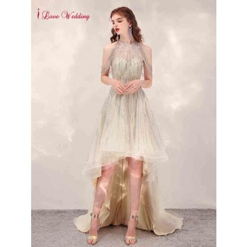 2021 Luxury Beading High Low Evening Dresses Elegant Sequins Banquet Formal Party Gown Front Short Back Long robe de soiree