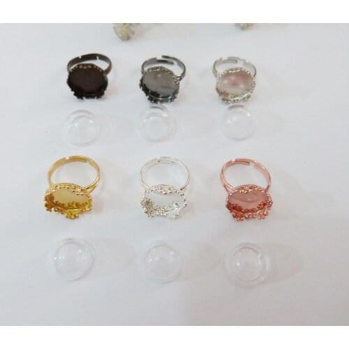 10set--15mm crown pad adjustable filigree ring & 15mm clear half round glass bottle--color& size option
