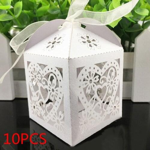 10Pcs White Hollow Candy Boxes With Ribbon Wedding Favor Laser Cut Boxes Baby Shower Party Supplies