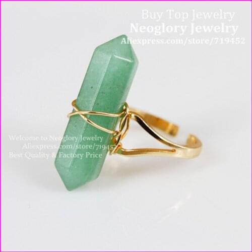10pcs Natural Green Aventurine Finger Ring,Metal Color Wire Wrapped Bail Point Ring Hexagon Reiki Charka Quartz Druzy Ring