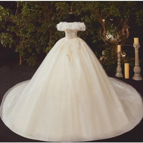 Lceland Poppy Off the Shoulder Ball Gown Champagne Wedding Dresses 2020 Vestido de Noiva Floor Length Shiny Beaded Bridal Gowns