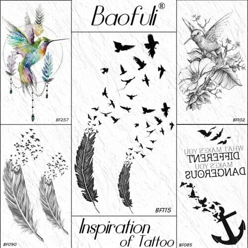 BAOFULI DIY Flying Birds Feather Leaves Temporary Tattoo Sticker Body Art Arm Back Black Sexy Tattoos Waterproof Tatoo Paste