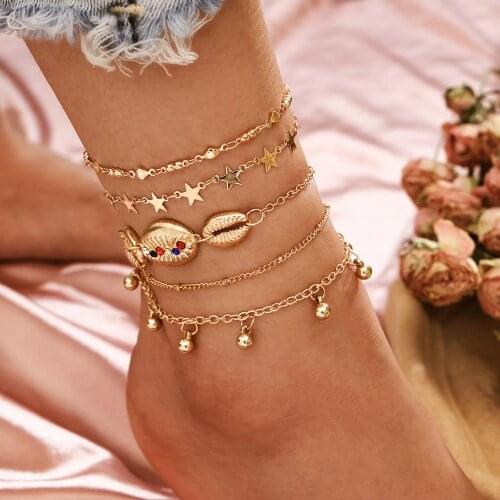 Bohemian wind beach shell stars five-pointed star water tassel feet decorated with multi-layer 5-piece foot chain for women gift