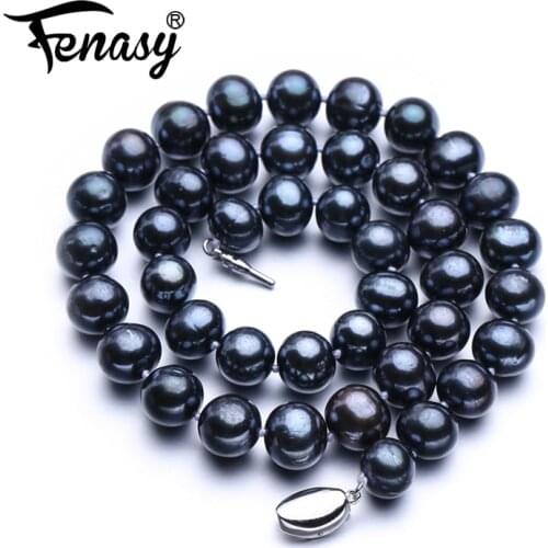FENASY 9-10mm Natural Freshwater Pearl Necklaces For Women Big Near Round Black Long Pearl Necklace Wedding Pearl Jewelry