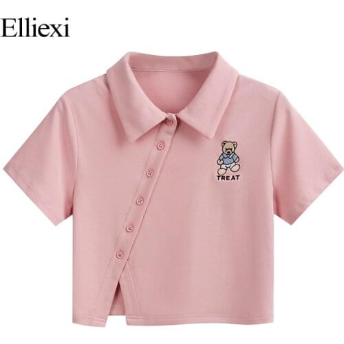 Elliexi Bear cub Embriodery T Shirt Women Cotton Irregular Split French White Short Crop Tops Turn Down Collar Girl Short Tshirt