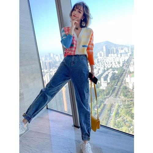 Color matching V Comfortable delicate knitted cardigan with collar+Loose versatile jeans suit for women new Top Quality
