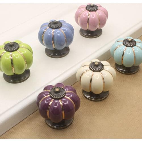 KK&FING 1pc 40mm Ceramic Pumpkin Handle Retro Multicolor Home Kitchen Drawer Wardrobe Shoebox Knobs Furniture Hardware