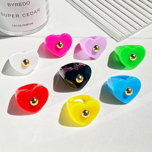 Candy Color Resin Rings Geometric New Korea Heart Golden Bead Unique Acrylic Plastics Finger Ring Femme Party Aesthetic Jewelry