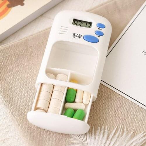Pill Box Timer Medicine Box Electric Alarm Medicine Pill Case 2 Grids White Color 2 Drawers Divided Plus Memory Fits Large Pills