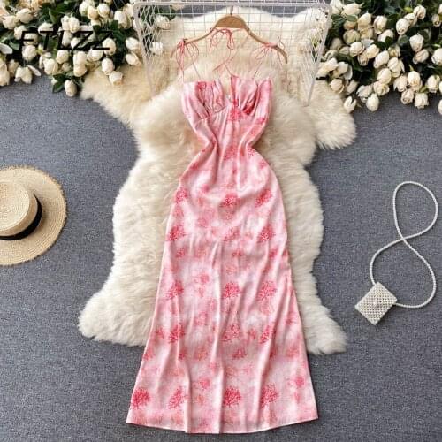 Summer Elegant Boho Dress 2021 New Fashion Women Halter Strap Slim Midi Bodycoy Dresses Ladies Flower Printing Party Long Robe