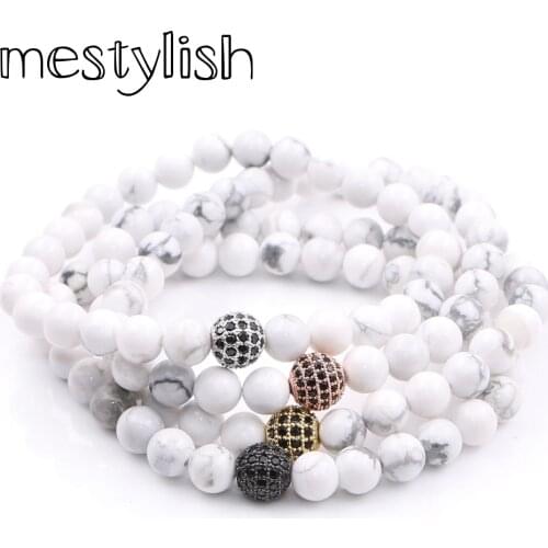Mestylish White Howlite Beads Bracelets & Bangles for Women Natural Stone Strand Bracelets Zircons Paved Stones Love Gift