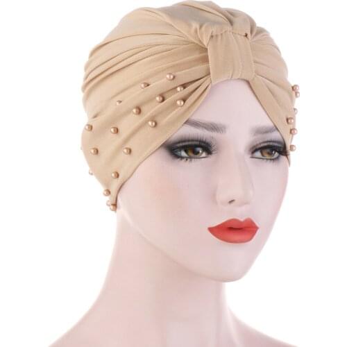 Solid Fashion Women Cotton Beading India Ruffle Turban Elastic Muslim Hat Chemo Cap Headwrap Soft Sleeping Hat Beanie Hijabs