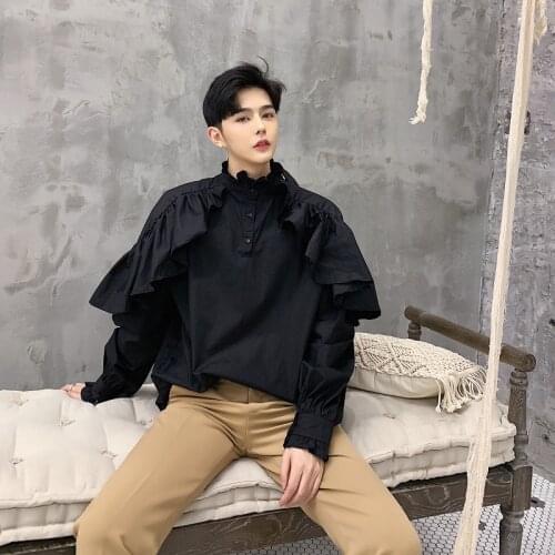Mens Youth Flounce Long Sleeve Falbala Loose Black Shirt Gothic Tops Chic