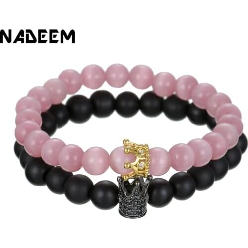 Micro Pave CZ Crown Charm Couple Bracelets Sets Natural Pink Opal Black Matte Stone Beaded Bracelet Set Valentines Day Gift