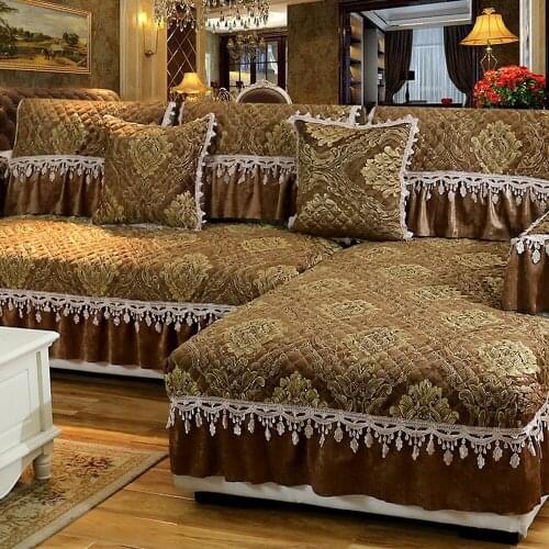 European Luxury Jacquard Sofa Sets Brown Chenille Sofa Cover Plush Soft Sofa Towel Slipcover Cushion Backrest Combination Kit A1