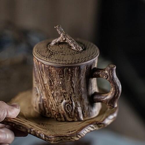 Chinese Handmade Stoneware Coffee Cup with Handle Lid Coffee Mug Creative Stump Retro Wood Imitation Ceramic Cup Milk Cup