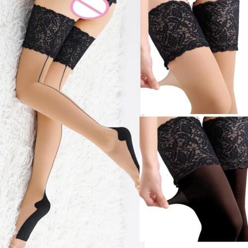 Sexy Opaque Wide Lace Top Back Seam Thigh High Stockings Stay Up Cuban Heel Silicone Bands Thigh-High Hosiery Plus Size