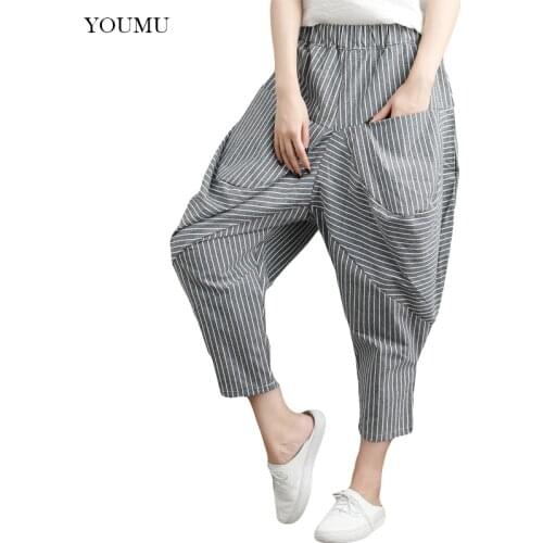 Women Cotton Linen Calf-Length Pants Striped Mid Elastic Waist Casual Loose Harem Trousers Summer M-2XL 223-340