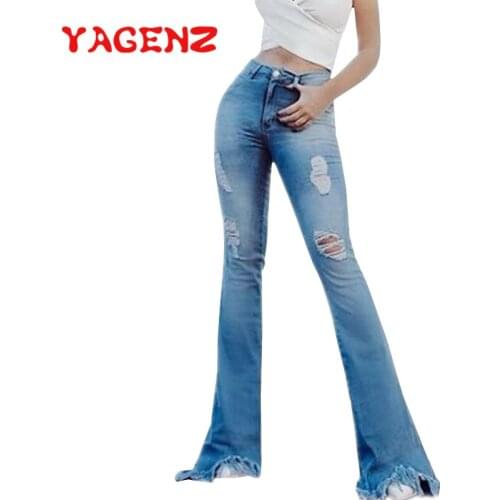 YAGENZ Jeans for Women High waist Hole Jeans Women Denim Long Pants plus size Jeans Mujer Stretch Jeans female boot cut pant 328