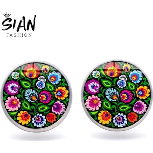 SIAN Bohemian Polish Folk Art Patterns Stud Earrings for Women Animal Flower Print Time Gem Circle Earrings 2019 Fashion Jewelry
