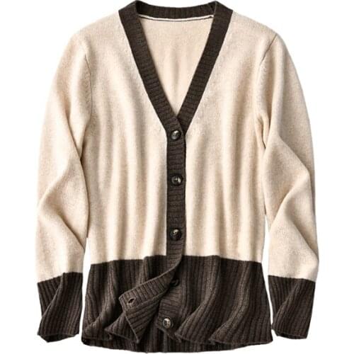 SHUCHAN 2 Piece Cardigan + Tank Top Women100% Cashmere England Style Patchwork V-Neck Single Breasted Elegant Warm winter