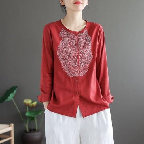 Chinese Style Clothing Women 2020 Embroidery Cheongsam Top Cotton Loose Chemise Oversize Femme Tunics Vintage Shirts FF2943