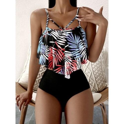 Womens Fashion Sexy Bikini 2-Piece Leaf Printed High Waist Split Swimsuit