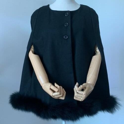 Black autumn winter woolen claok coat women o-neck fur stitching temperament cape overcoat