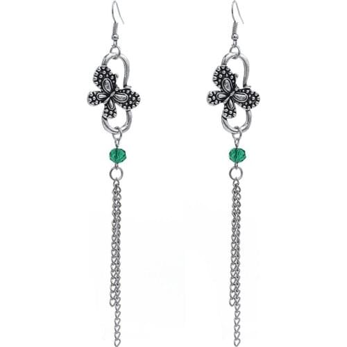 Bohemain Vintage Silver Color Long Tassel Earrings Acrylic Beads Pearl Butterfly Pendant Earring Women Party Jewelry Gift