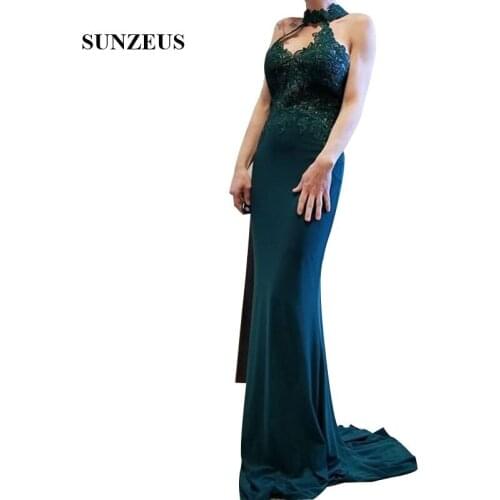 Long Jersey Wedding Guest Dress High Neck Appliques Women Party Gowns Sexy Backless Bride Mother Dress