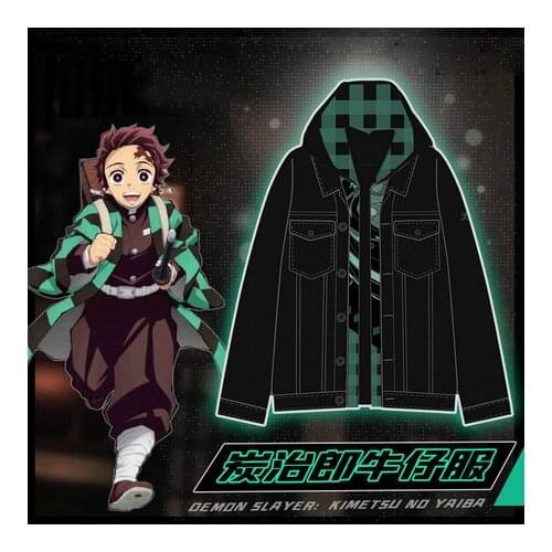 Demon Slayer Kimetsu no Yaiba Kamado Tanjirou Cosplay Fake two piece Denim Jacket Hoodies Hooded Jeans Coat Sweatshirt Spring