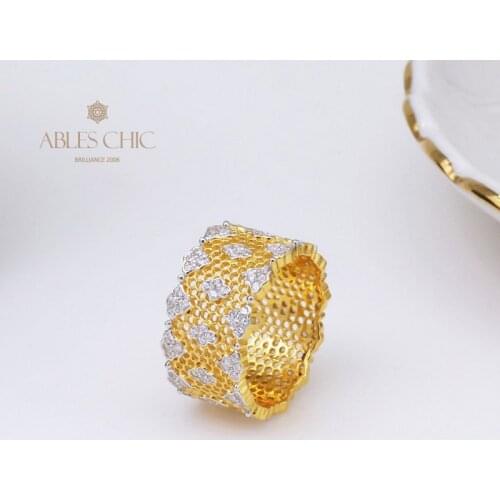 18K Gold Tone Renaissance Lace CZ Flower Cluster Rings Solid 925 Silver Carved Zircons Wide Wedding Band Premium Fine Jewelry