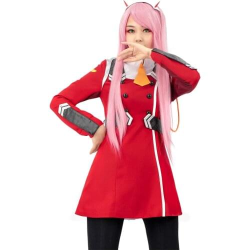 Zero Two Cosplay DARLING in the FRANXX Japanese Uniform Full Sets Red Costume Dress Wig Headband Stockings