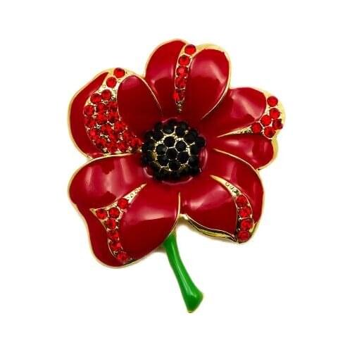 Red Enamel and Rhinestone Crystal Poppy Flower Brooch with Green Stem