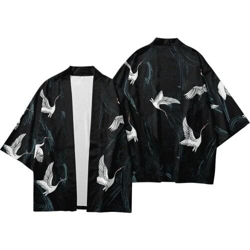Cool 3D Printed Crane Loose Japanese Black Cardigan Women Men Summer Harajuku Kimono Sun Protection Shirt Clothing