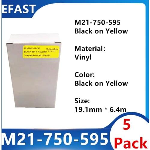 5 Pack M21 750 595 Vinyl Label Ribbon Black on Yellow For BMP21 PLUS Printer M21-750-595 19.1mm * 6.4m